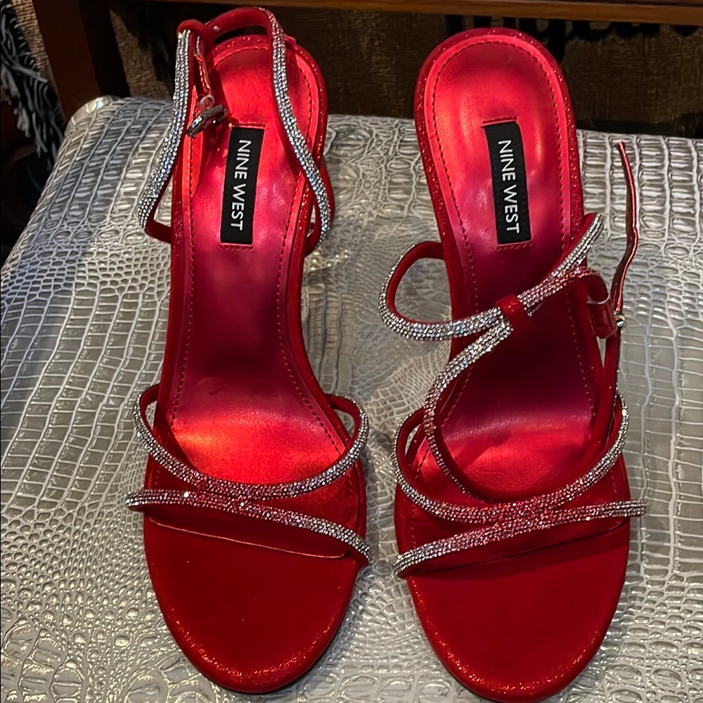 Nine West Red Satin Heeled Sandals with Crystal Straps NWOT